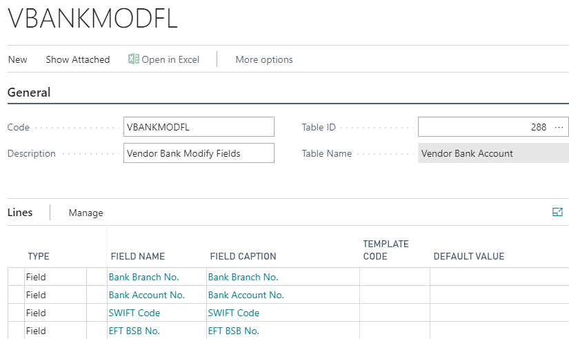 Configuration Template Vendor Bank Modify Example